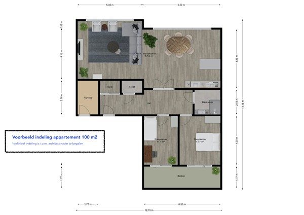 Plattegrond - Van Leeuwenhoekpark, 2627 CR Delft - Voorbeeld indeling app 100 m2.jpeg
